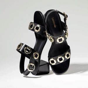 $350 Larroudé Milan Sandal In Black Sz 6 US with Gold Accent NEW